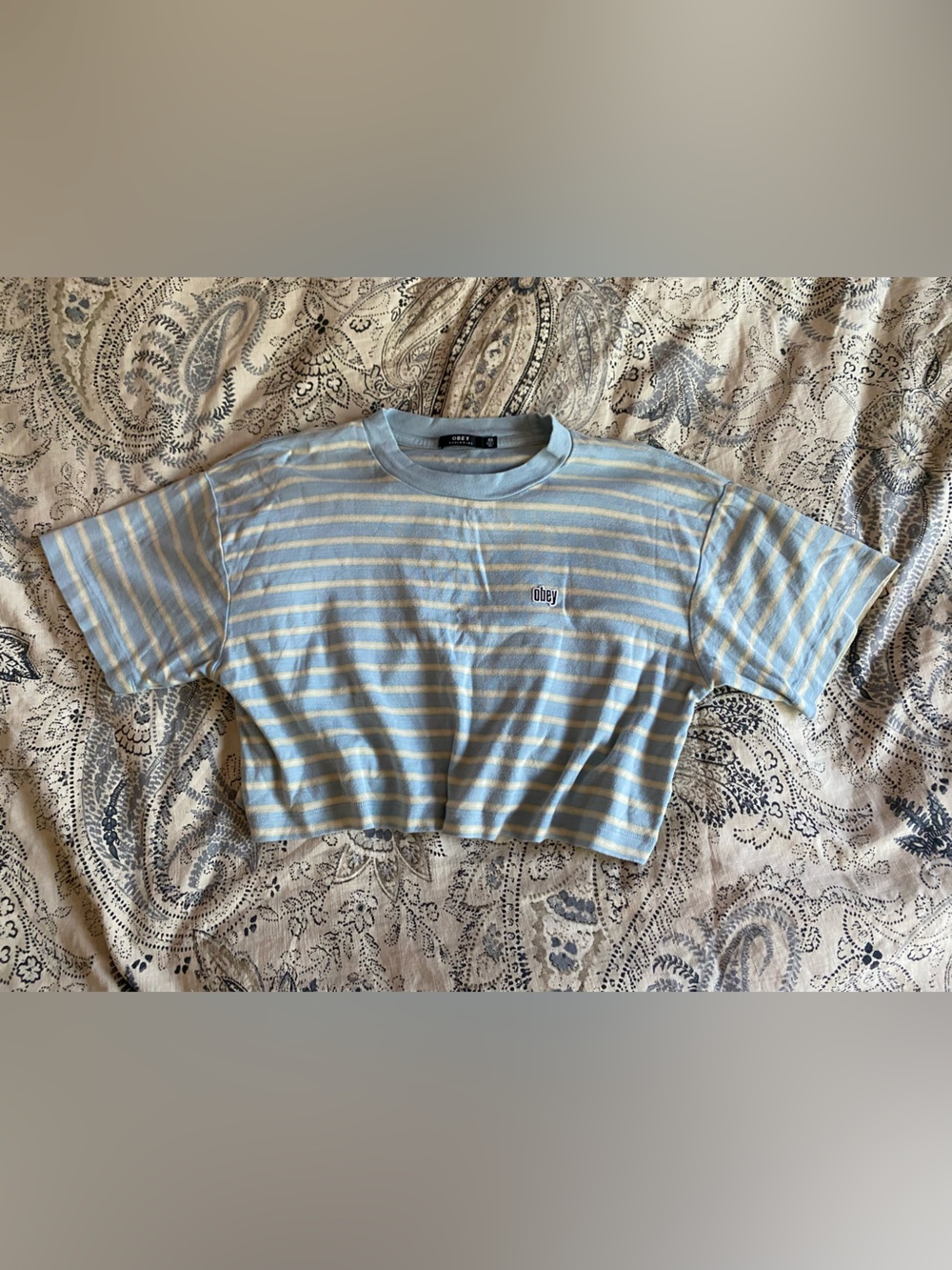 Obey Boxy Cropped Striped T-Shirt in Pale Blue, Lime Green, and White size XS